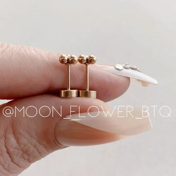 Tiny Rose Gold Triple Ball Dot Flat Back Earrings - Picture 6 of 7